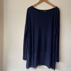 Eileen Fisher Blouse L Navy Silk Trim Layered Hem Long Sleeve Minimalist Luxury